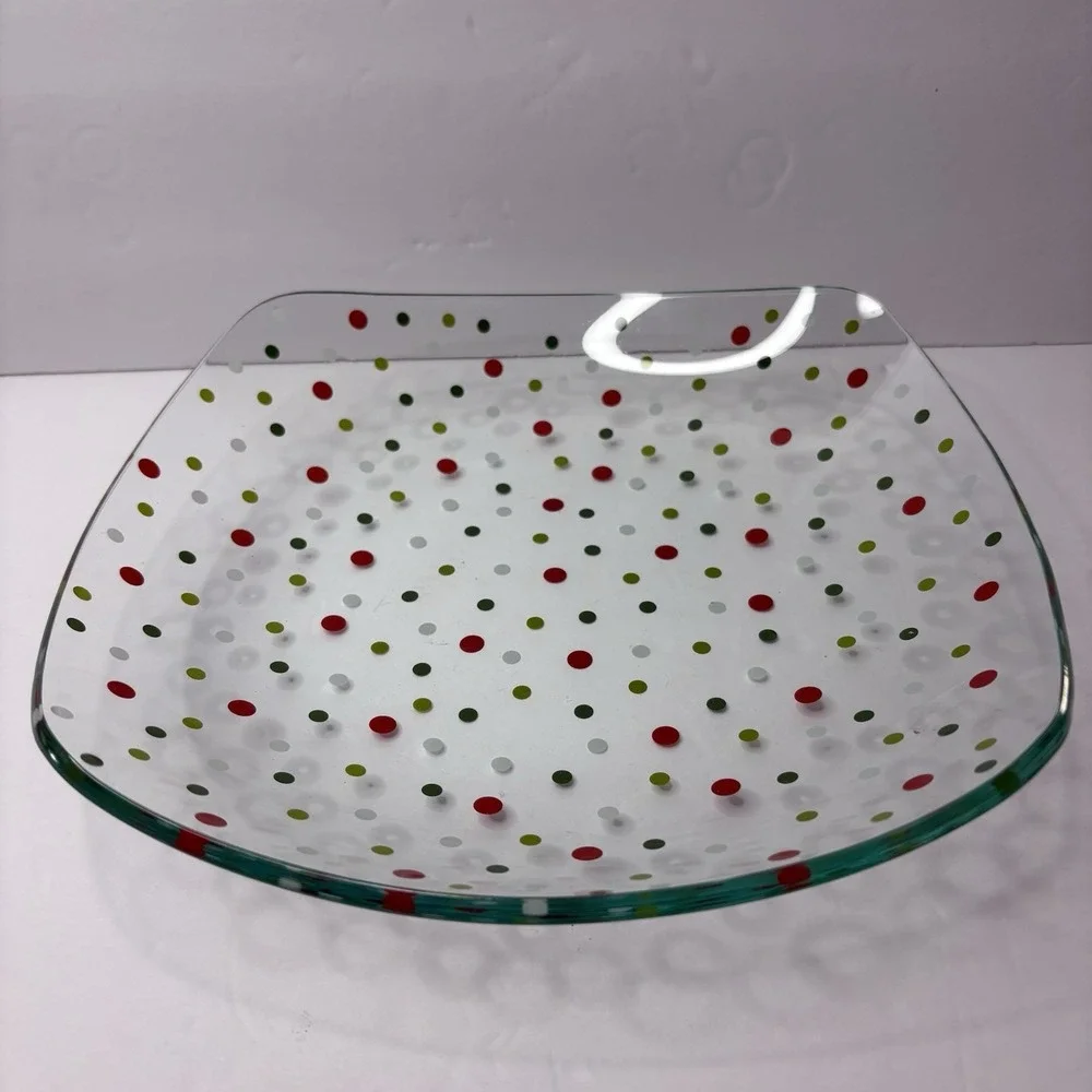 Pampered Chef Whimsical Red Green White Holiday Dots Square Glass 9.75
